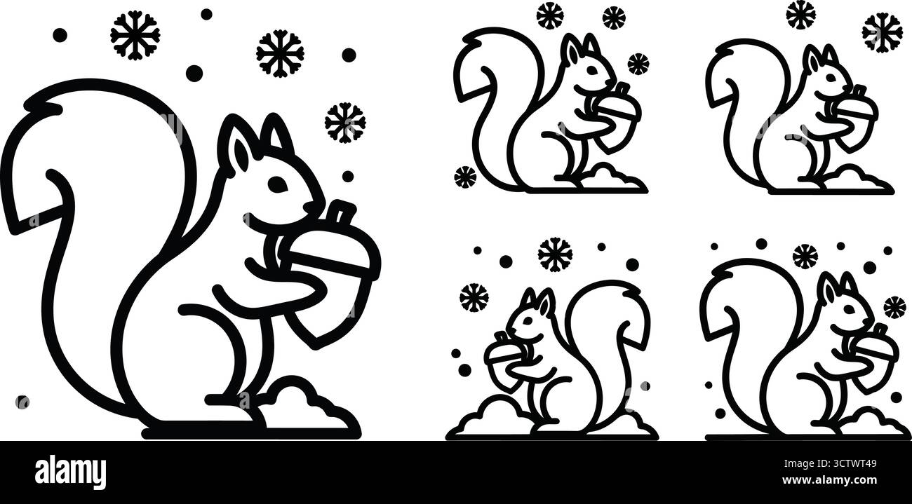 Illustrations d'écureuil avec glands et flocons de neige dans un style d'art au trait, mettant en valeur différentes poses et expressions Illustration de Vecteur