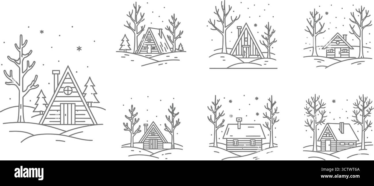 Ensemble de sept illustrations minimalistes d'art au trait de cabanes confortables dans un paysage hivernal enneigé Illustration de Vecteur