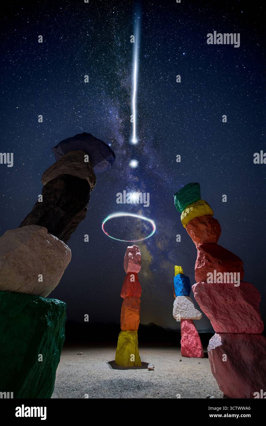 Sept Magic Mountains Nightscape Milky Way Light Painting Las Vegas Nevada Banque D'Images