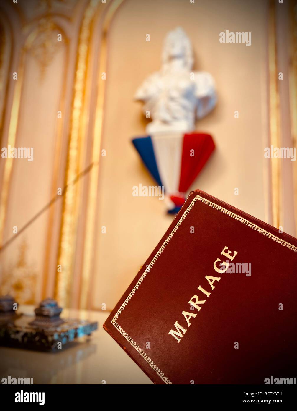 Cérémonie de mariage civil française avec Livre rouge, Statue et symbole tricolore dans le bâtiment officiel - Image de stock capturée avec un smartphone