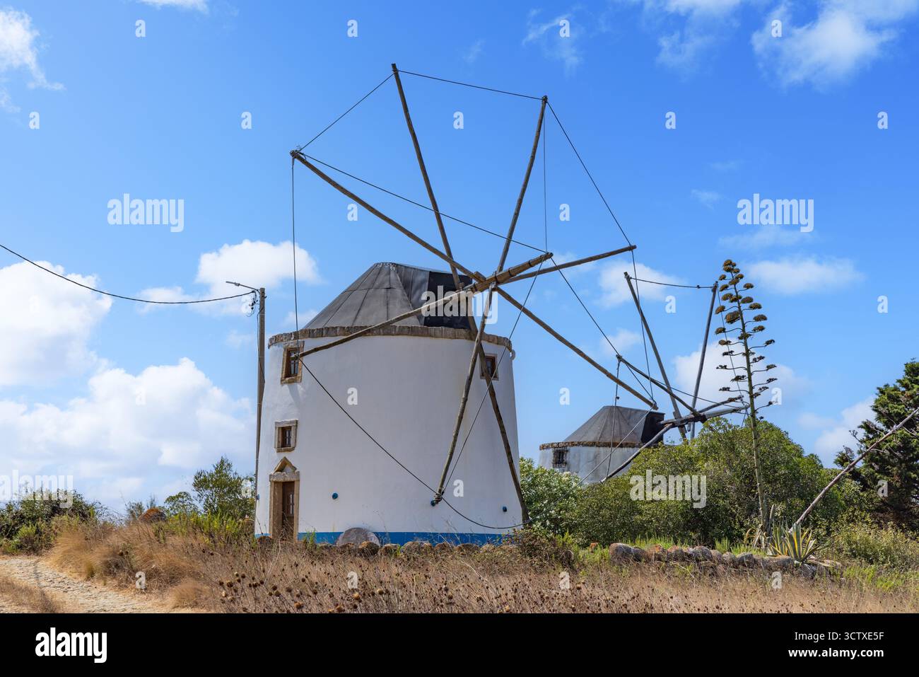 Deux moulins à vent portugais traditionnels se dressent sur une colline sèche et herbeuse. Le moulin le plus proche présente des voiles en bois et une tour cylindrique blanche. Banque D'Images
