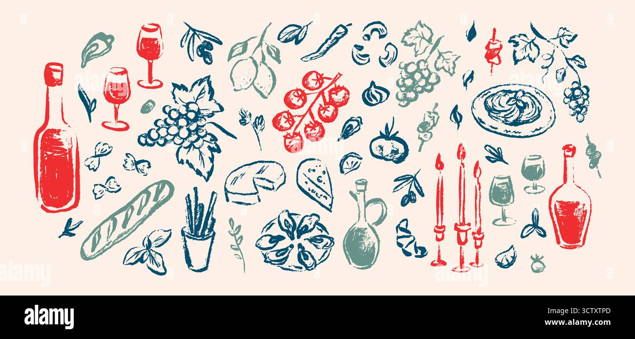 Vin rouge dessiné à la main charbon de bois, pinceau, crayon fond dessiné à la main. Cuisine italienne, méditerranéenne grecque et française. Vin et huîtres, Illustration de Vecteur