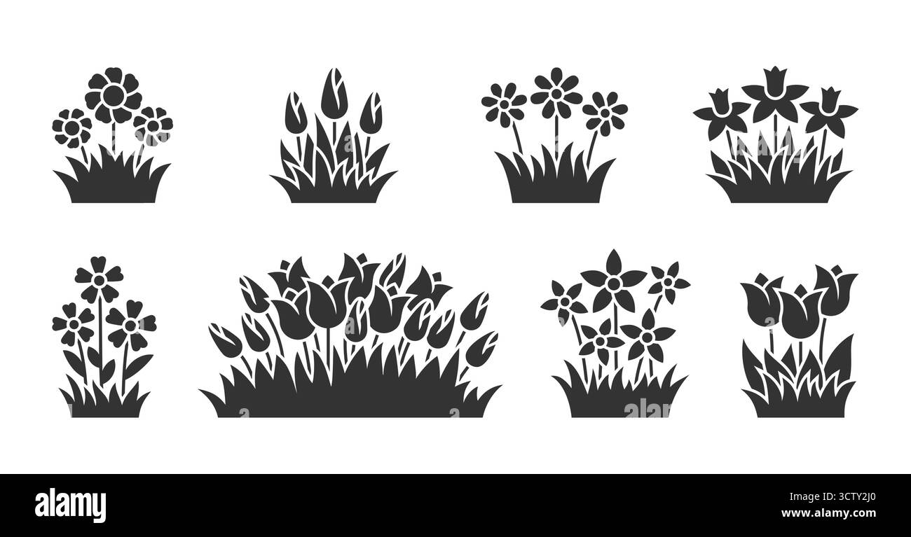 Fleurs en herbe ensemble silhouette noire. Bourgeons de printemps, tulipes Marguerite camomille jonquille simples fleurs. La nature florale plate forme composition, fleurs de prairie stylisées, pochoir décoratif d'estampage de bricolage Illustration de Vecteur