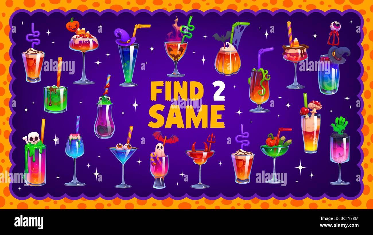 Trouvez deux mêmes cocktails sorcières d'Halloween, quiz de jeu Illustration de Vecteur