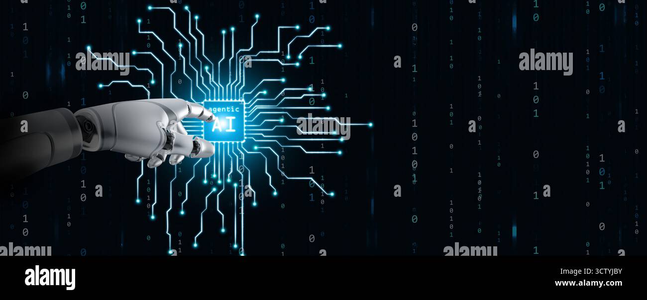 Main robotique futuriste touchant un cerveau d'IA lumineux sur un fond de circuit numérique, symbolisant l'intelligence artificielle, la connexion homme-machine et la publicité Banque D'Images