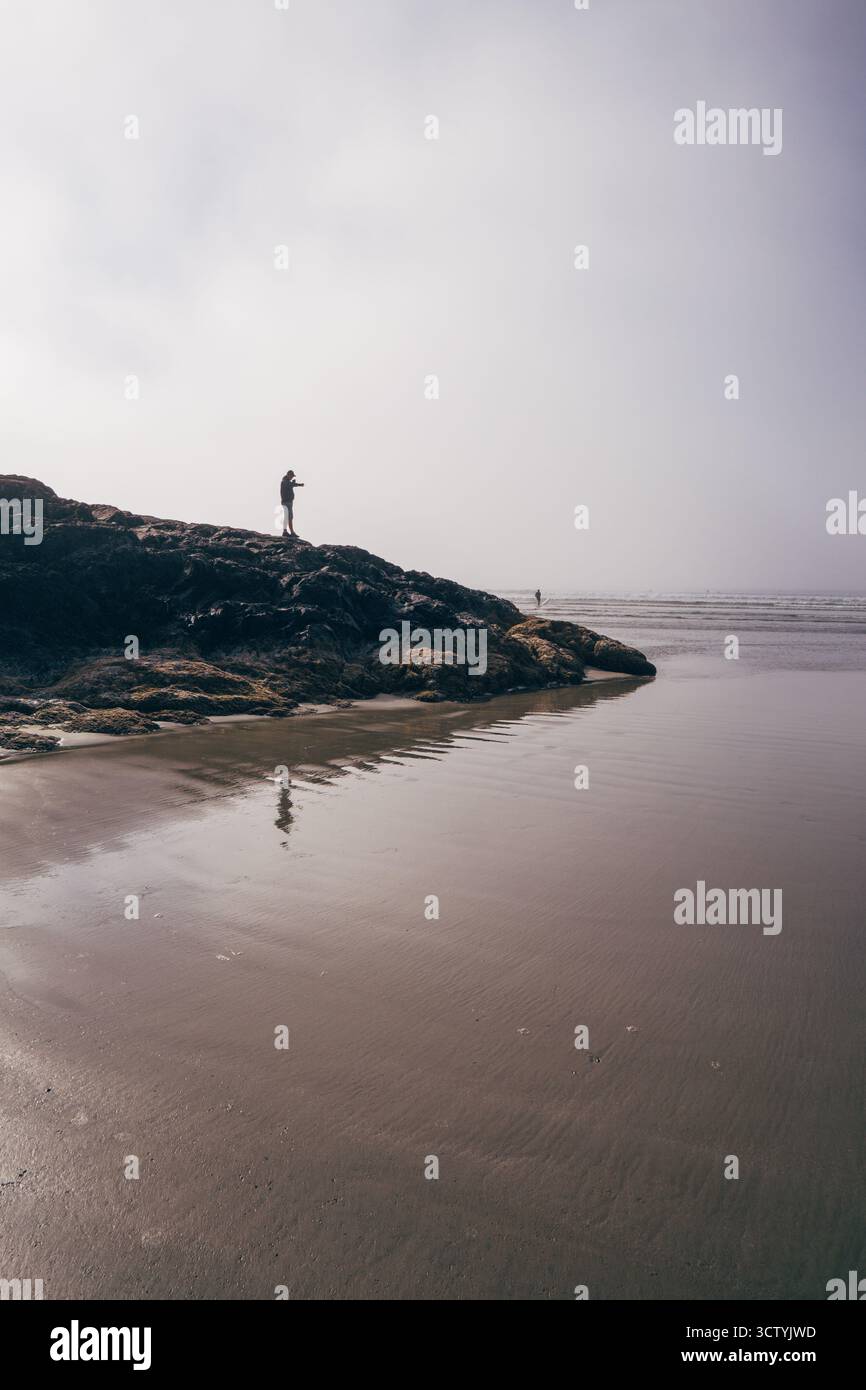 Une personne se tient sur un affleurement rocheux, jetant une ligne de pêche dans les eaux calmes pendant la marée basse. Le brouillard crée une atmosphère sereine le long du rivage. Banque D'Images