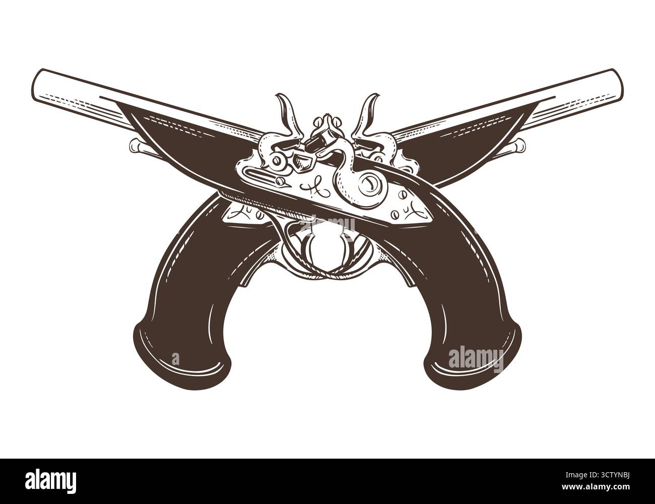Deux pistolets de duel croisés. Illustration vectorielle de mousquets à flintlock antiques avec poignée en bois. Arme de pirate et de filibusters. Esquisse dessinée à la main. Imitation de la technique de gravure. Illustration de Vecteur