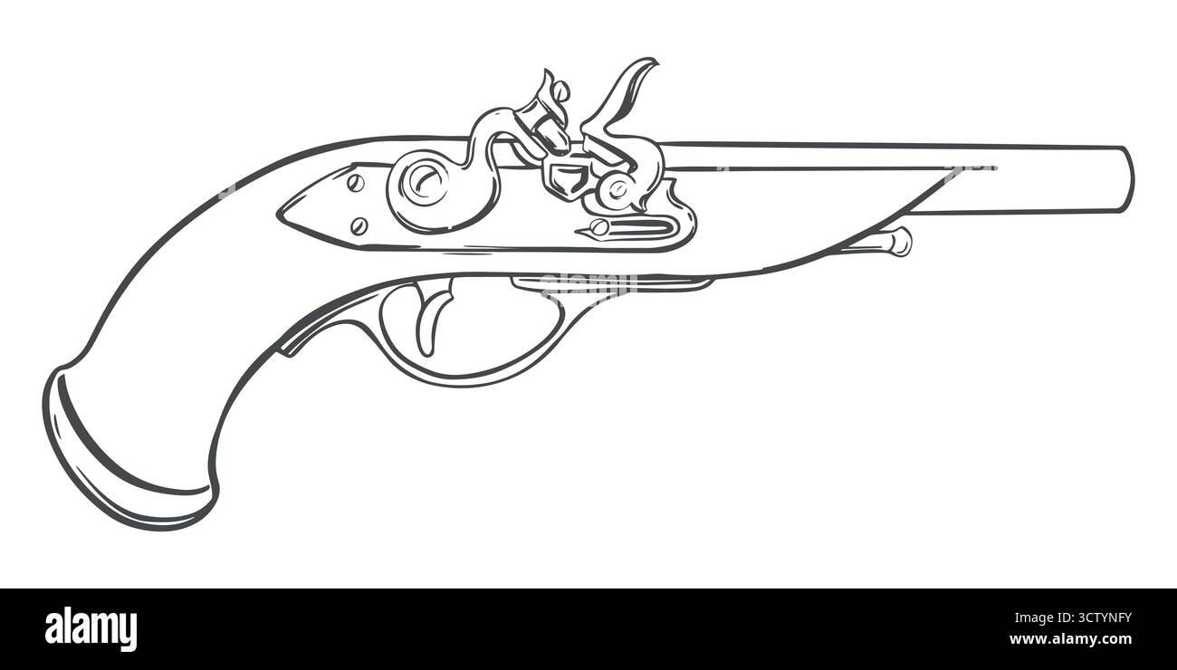 Ancien mousquet avec manche en bois. Croquis d'un fusil à silex. Arme des pirates et des oblitérants. Croquis dessiné à la main, illustration vectorielle vintage. Pistolet de duel. Imitation de la technique de gravure. Illustration de Vecteur
