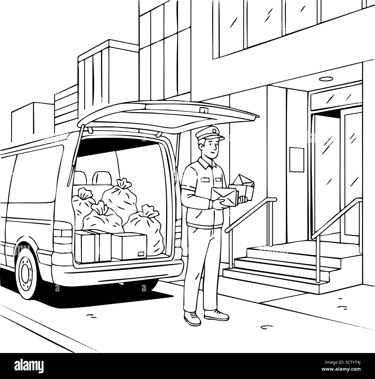 Courrier livrant des colis de van Illustration de Vecteur