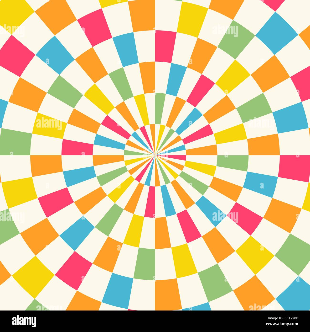 Motif à carreaux coloré, design radial, arrière-plans abstraits rétro psychédéliques style des années 70, Illustration de Vecteur