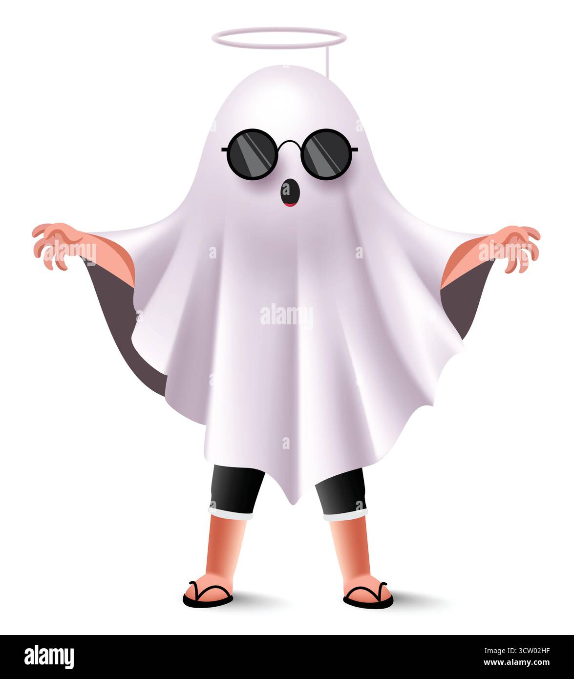 Cool Ghost Kid Halloween Clipart, personnage de dessin animé drôle avec lunettes de soleil et halo Illustration de Vecteur