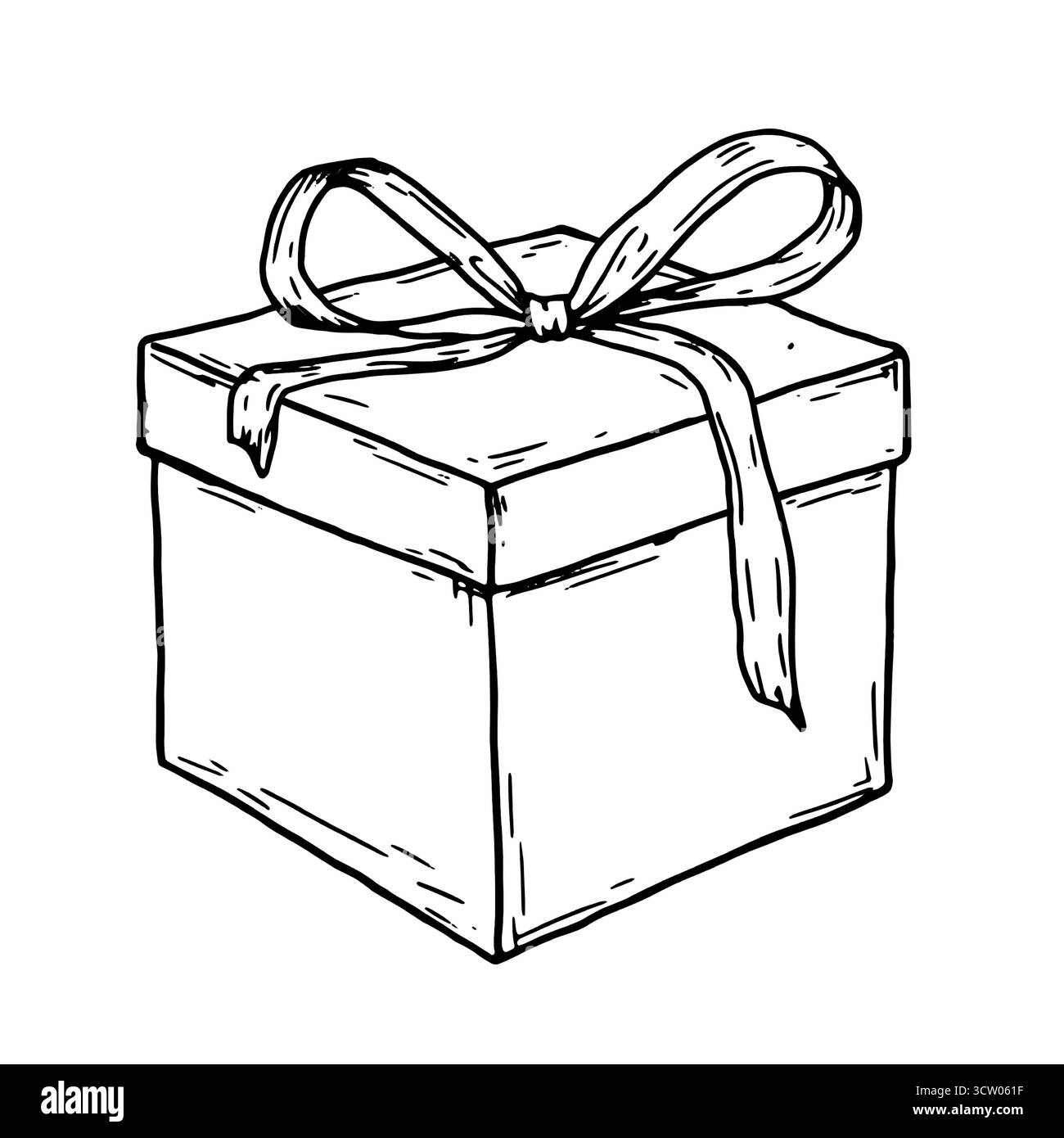Boîte cadeau avec un noeud, croquis noir et blanc. Illustration vectorielle. Emballage festif, isolé sur fond blanc. Anniversaire, Noël, nouvel an an an Illustration de Vecteur