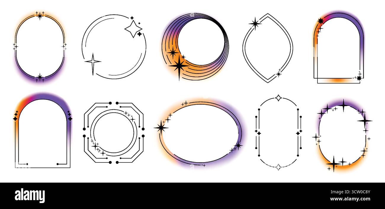 Cadres de bordure minimes avec effets d'aura floue et éclats pour les mises en page de conception ou les modèles de médias sociaux. Contours géométriques avec dégradé orange et violet. Eléments décoratifs pour affiches rétro. Illustration de Vecteur