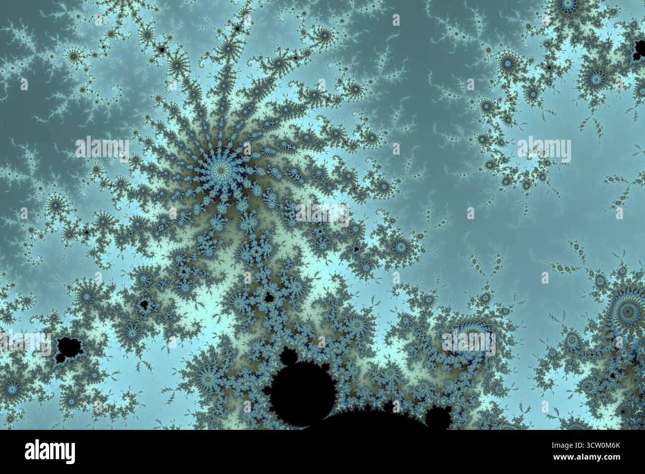 Fractale complexe de Mandelbrot montrant des motifs complexes, des spirales répétitives et une beauté mathématique dans les tons de bleu et de sarcelle Banque D'Images