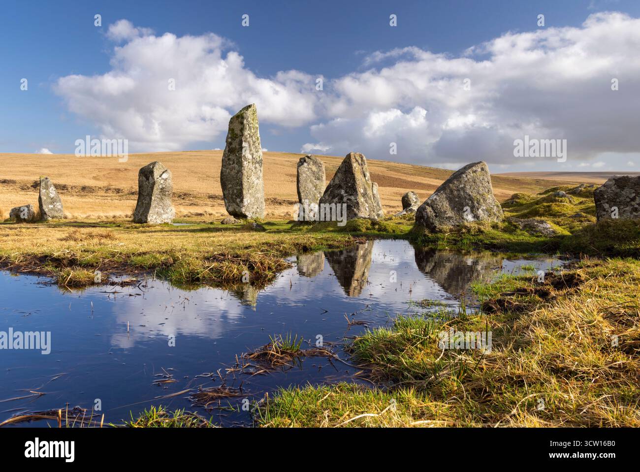 Pierres mégalithiques sur pied à Down Tor (ou Hingston Hill) Stone Circle dans le parc national de Dartmoor, Devon, Angleterre. Hiver (février) 2025. Banque D'Images