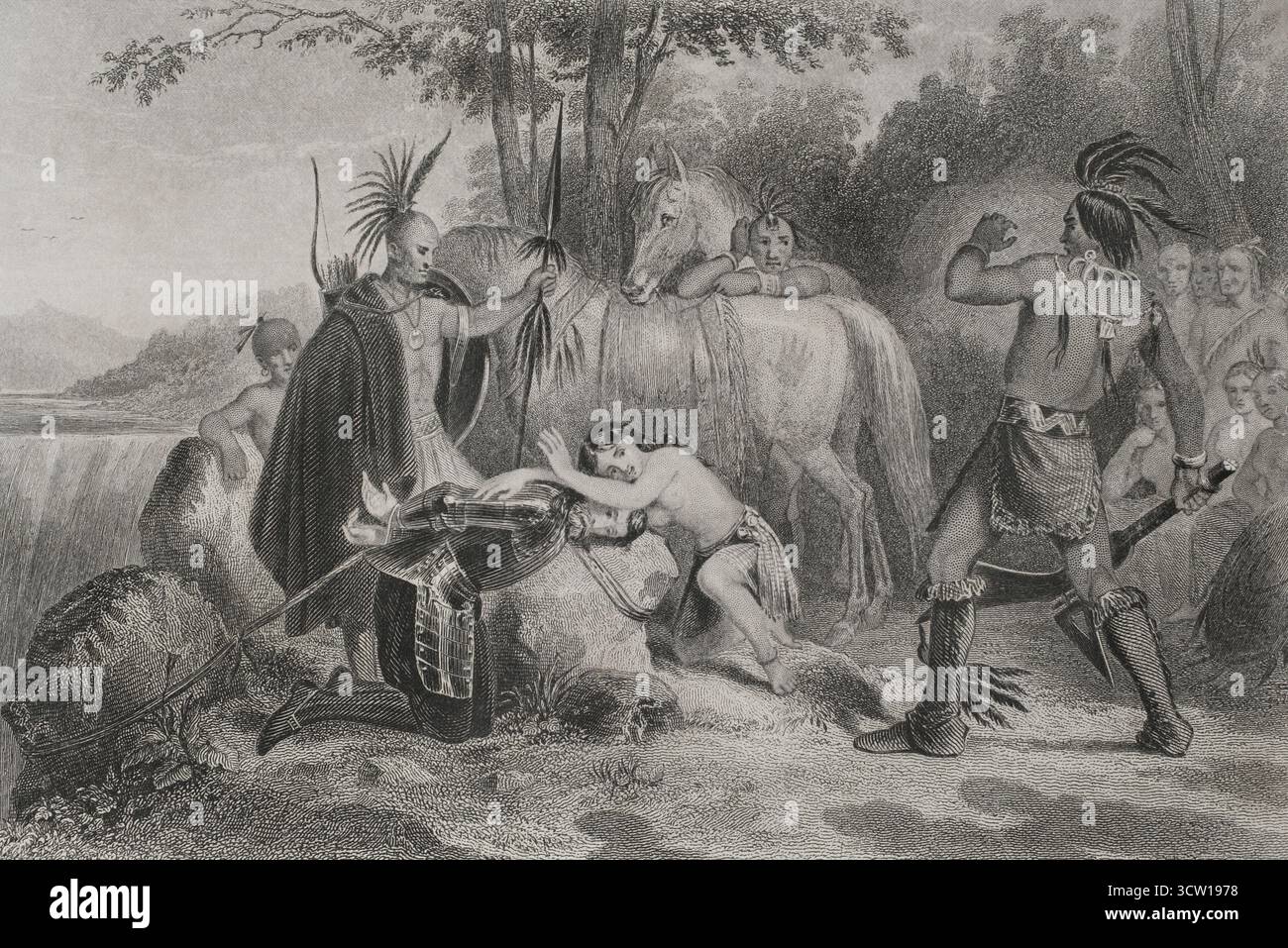 Pocahontas (c. 1595-1617). Amérindienne, fille aînée de Wahunsonacock, chef du Powhatan. En décembre 1607, le colon anglais John Smith (c. 1579-1631), l'un des chefs de la colonie de Jamestown, est capturé lors d'une expédition de chasse menée par Opechancanough, le frère cadet de Powhatan. John Smith est emmené à Werowocomoco, le village principal de la Confédération Powhatan, le long de la rivière York. Smith raconte en 1624 que Matoaka (Pocahontas) a empêché son père de l'exécuter. Smith sauvé par Pocahontas. T. Knight. Gravure. Histoire des États-Unis, par J. A. Spencer. Volume Banque D'Images