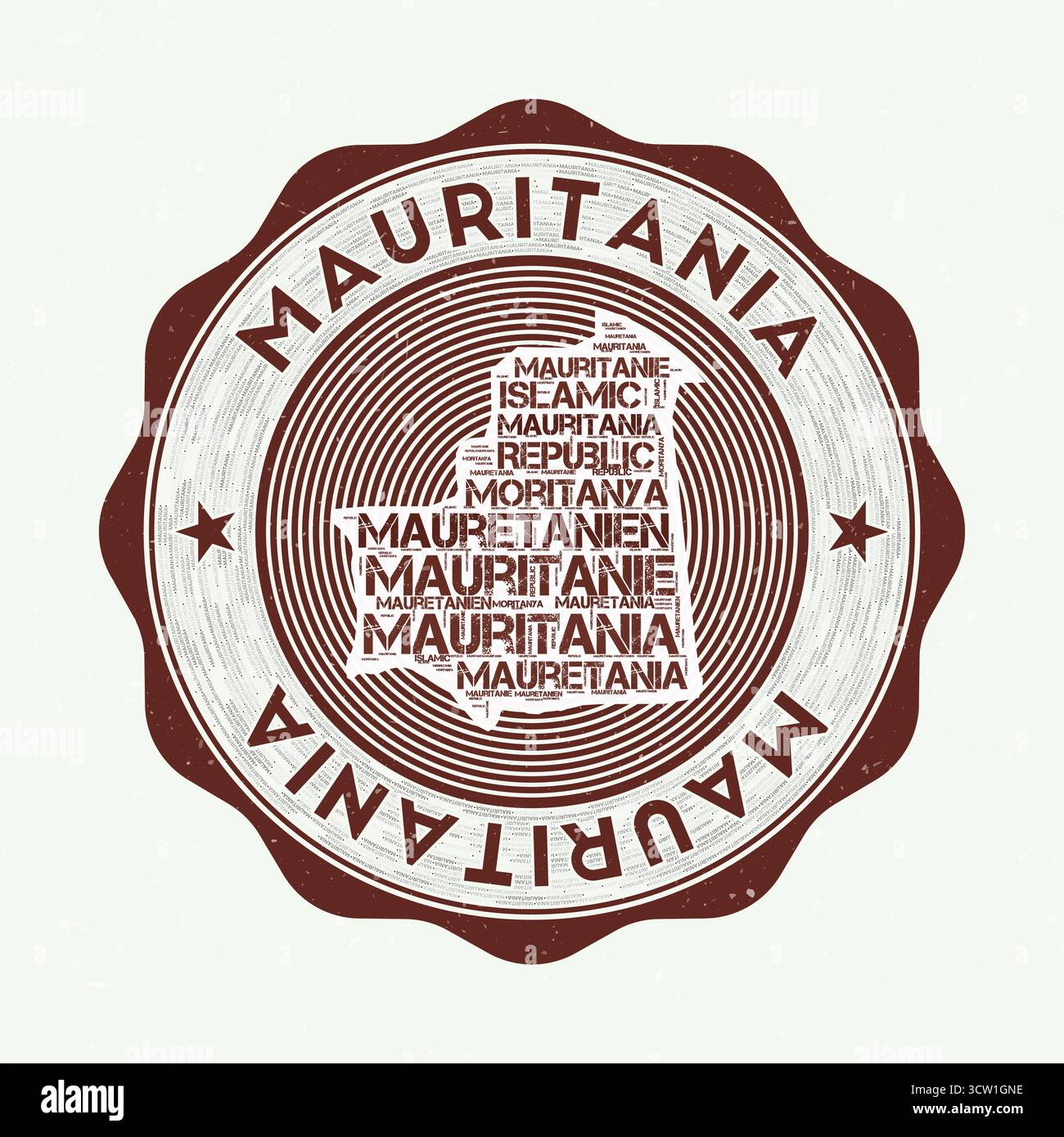 Sceau mauritanien. Logo rond du pays avec la forme de Mauritanie et le nom du pays en plusieurs langues Wordcloud. Emblème étonnant. Illustration de Vecteur
