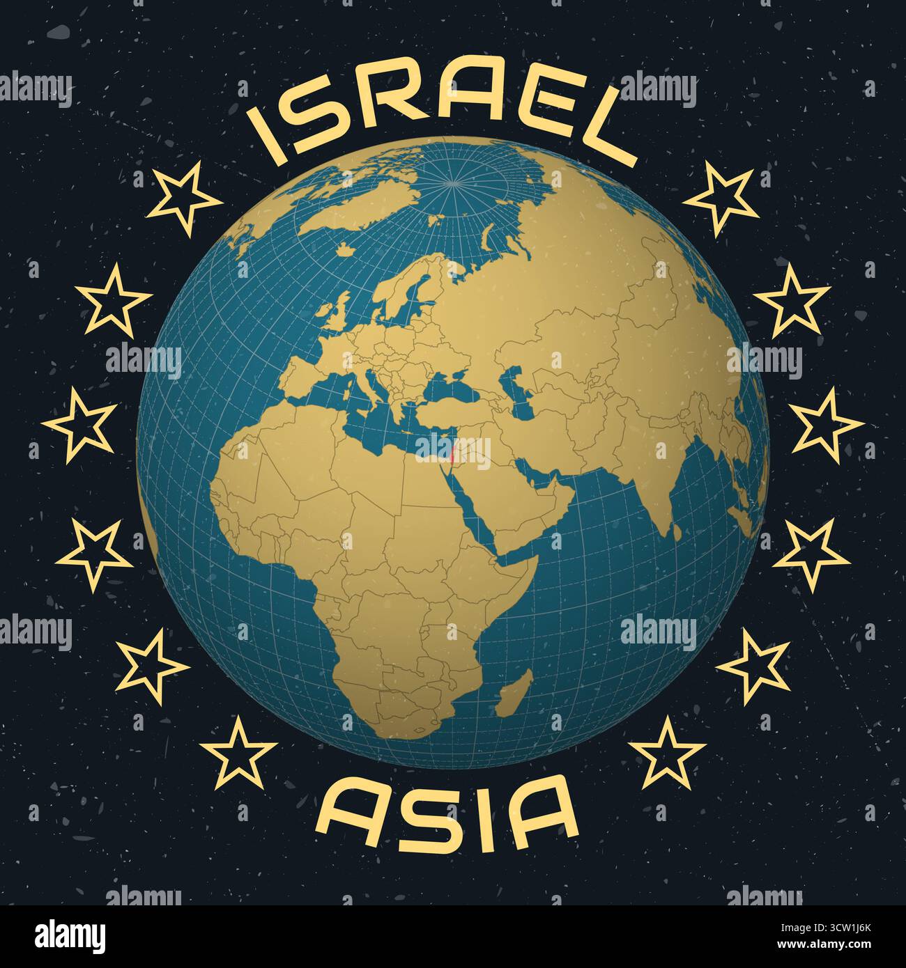 État d'Israël sur Globe. Nom du pays dans le texte rond. Look vintage avec texture grunge rayée. Illustration de Vecteur