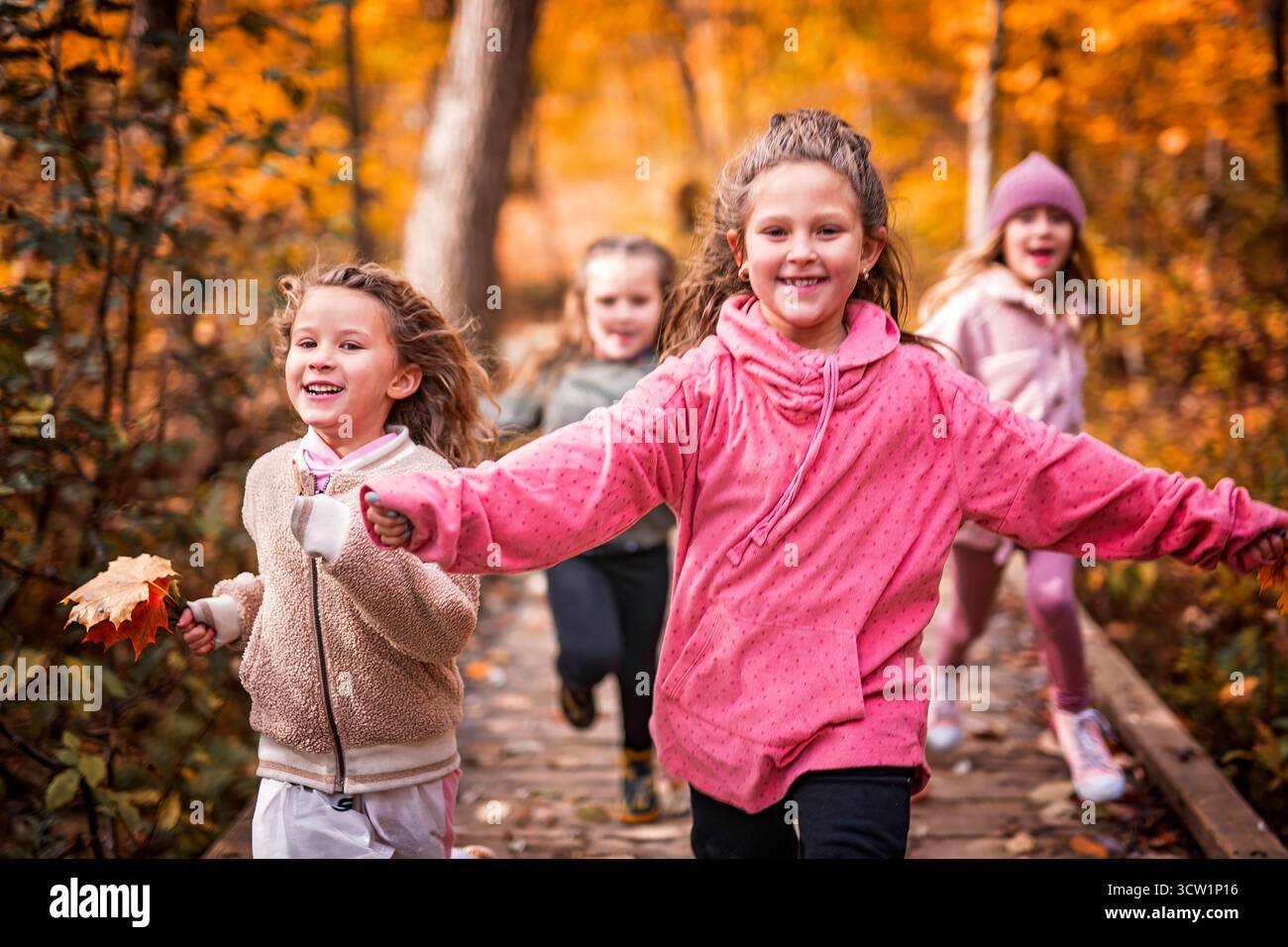 Un groupe de jeunes enfants s'amusant sur la forêt d'automne Banque D'Images