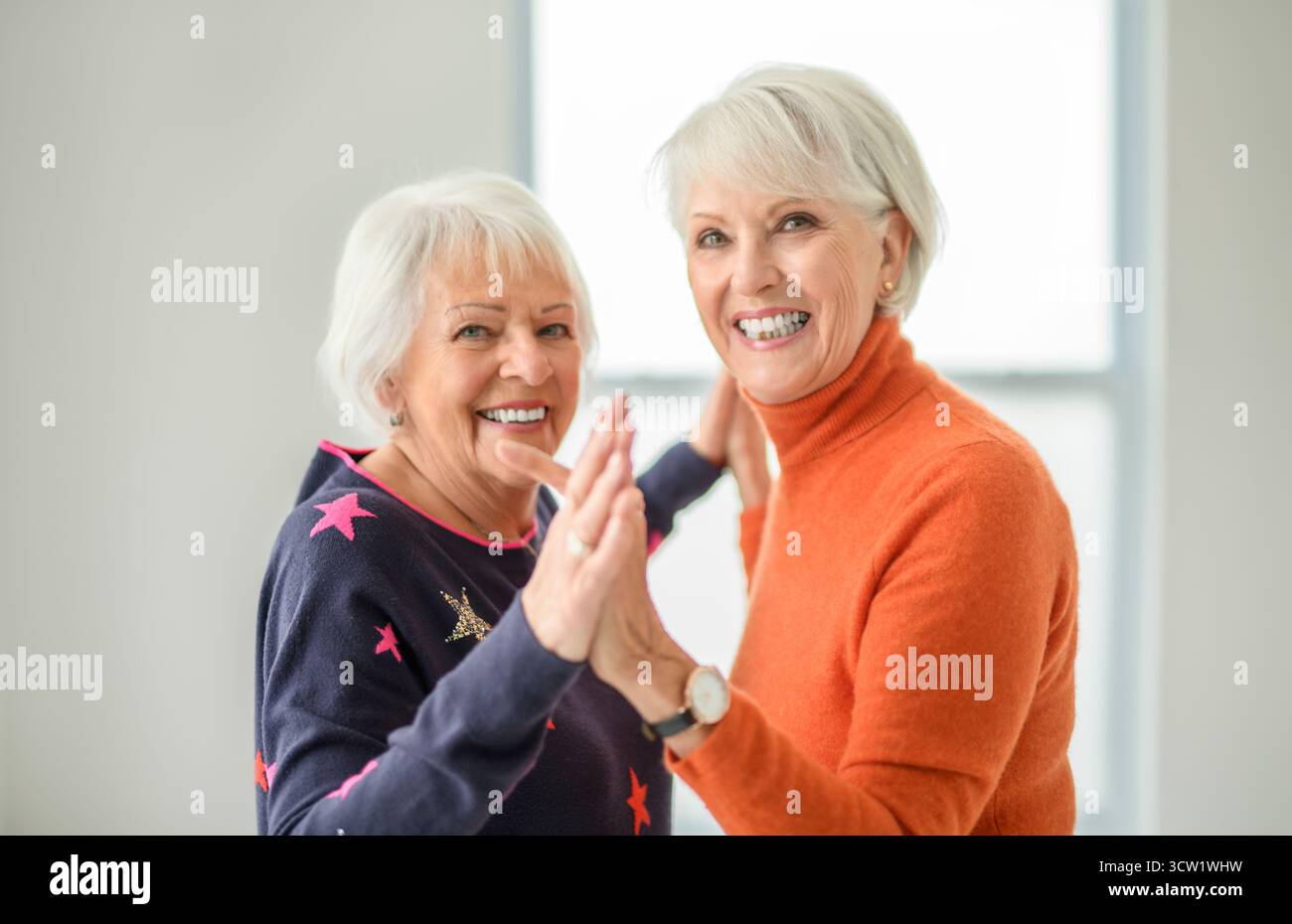 Un portrait de deux femmes âgées sur fond gris. Banque D'Images