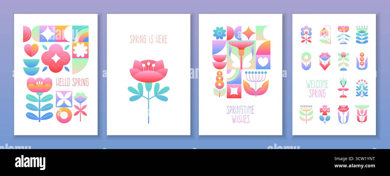Cartes de fleurs géométriques. Éléments graphiques botaniques, style décoratif statique, design plat simple, plantes de fleurs de saison de printemps, minimal d'été Illustration de Vecteur