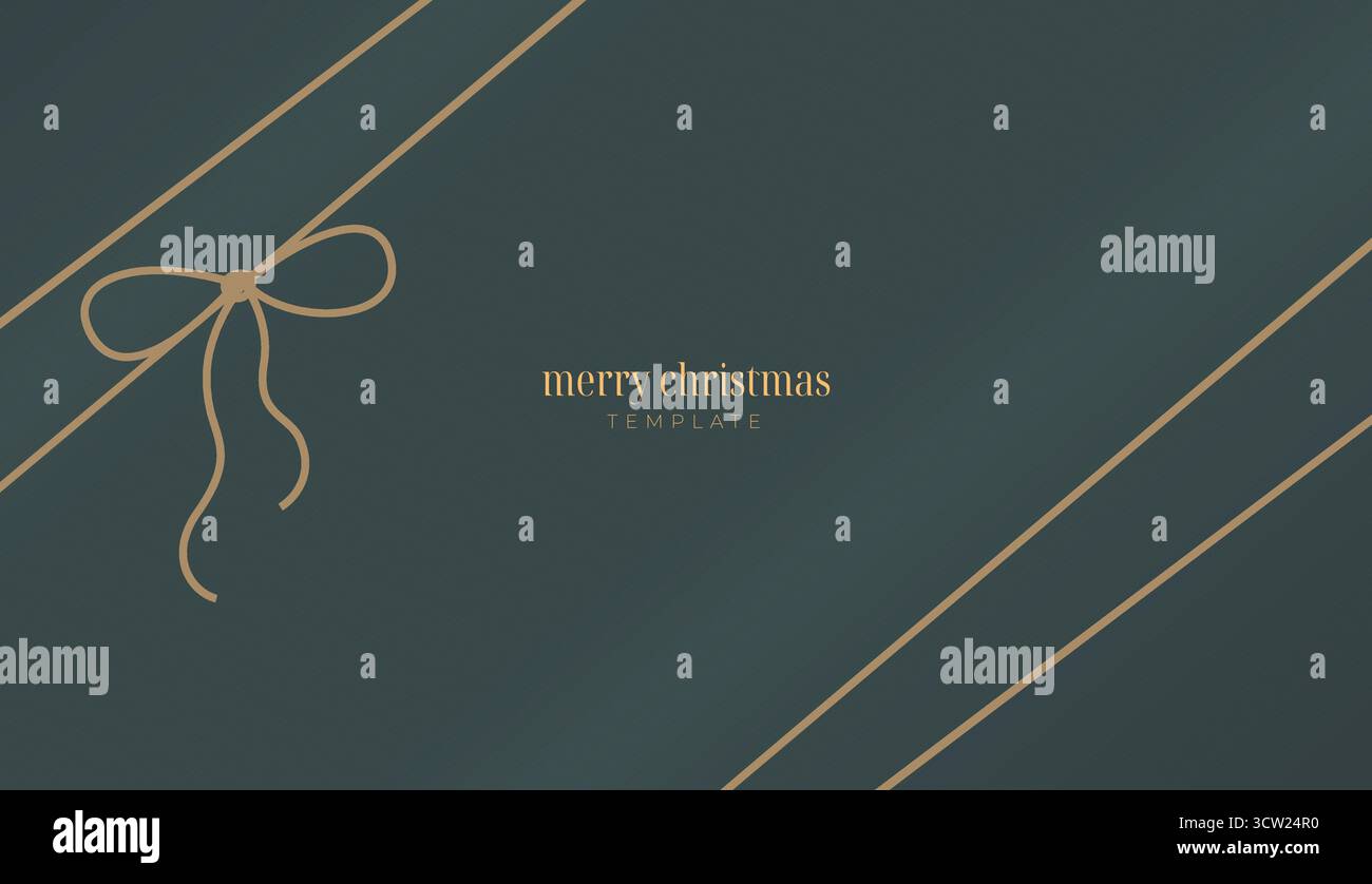 Ligne élégante boîte-cadeau minimaliste Merry Christmas bannière avec ruban. Mignon mince carte vectorielle décorative dorée, affiche avec arc. Illustration de Vecteur