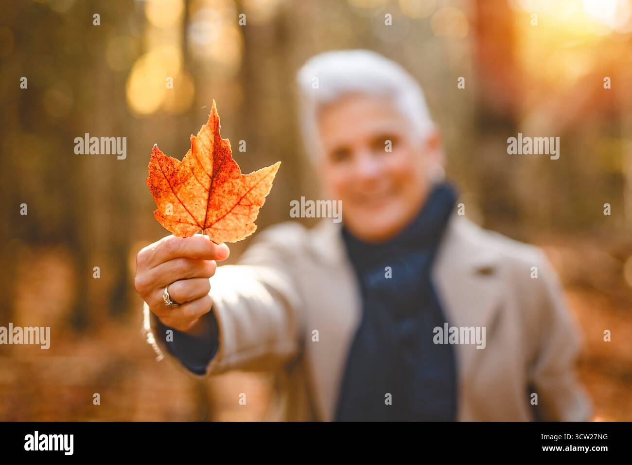 Une femme mature dans la forêt d'automne, vêtue d'une tenue d'automne confortable, réflexion et connexion avec la nature, le bien-être Banque D'Images