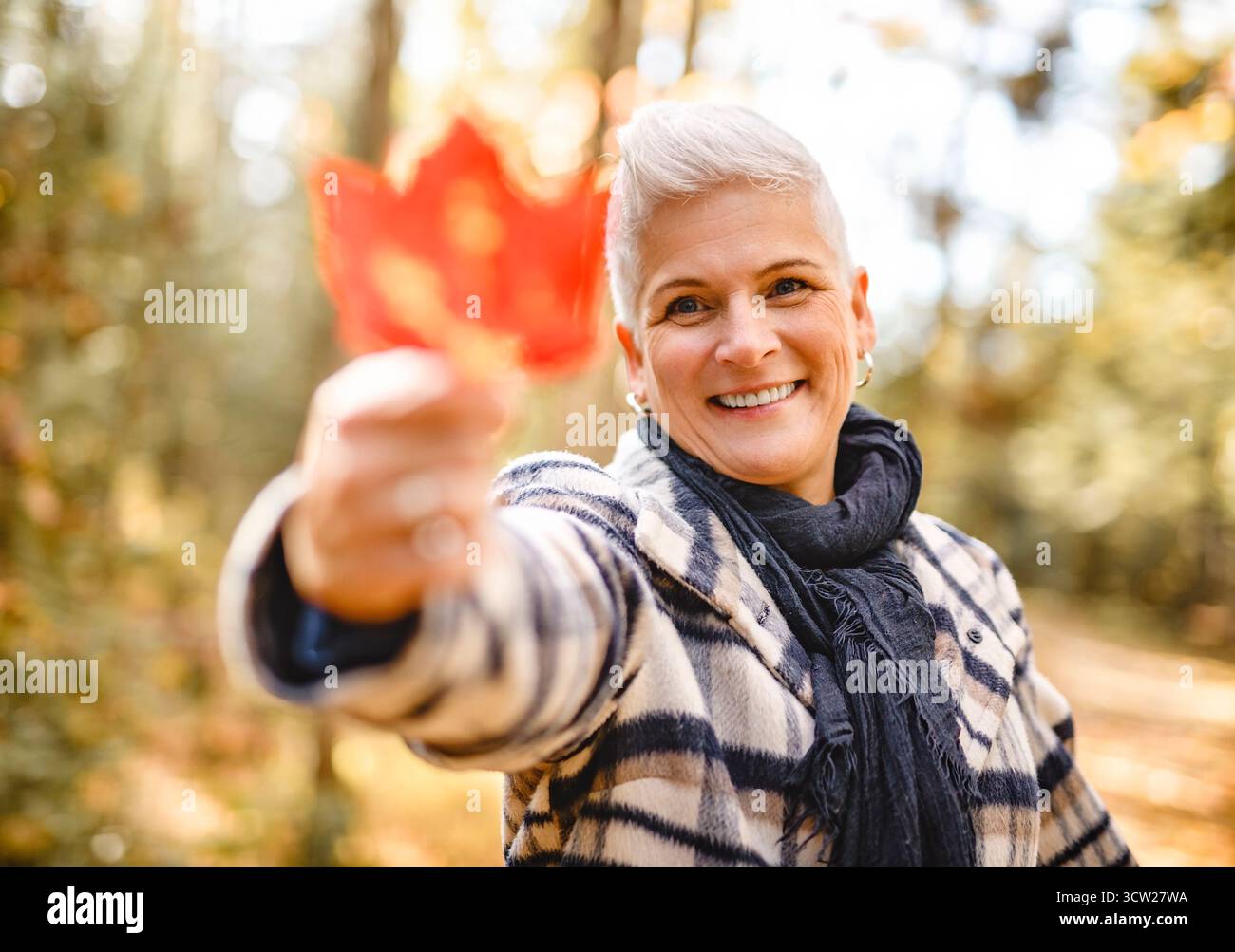 Une femme mature dans la forêt d'automne, vêtue d'une tenue d'automne confortable, réflexion et connexion avec la nature, le bien-être Banque D'Images