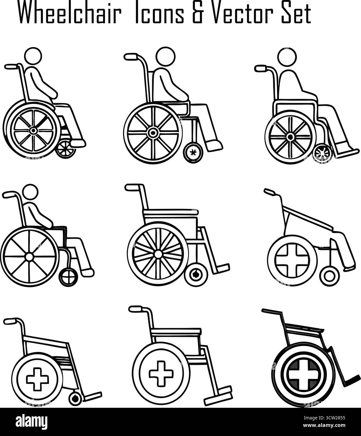 Les icônes de fauteuil roulant définissent l'illustration vectorielle de l'accessibilité, du handicap et des symboles médicaux Illustration de Vecteur