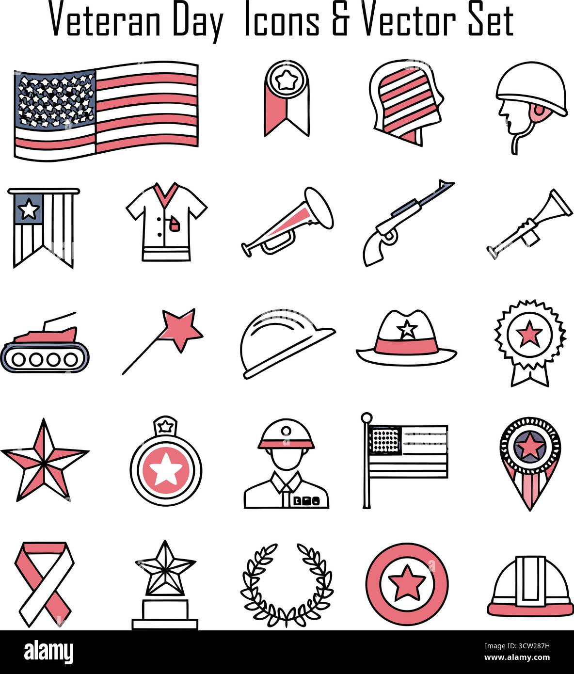 Les icônes de jour des vétérans définissent l'illustration vectorielle de la célébration militaire et des symboles patriotiques Illustration de Vecteur