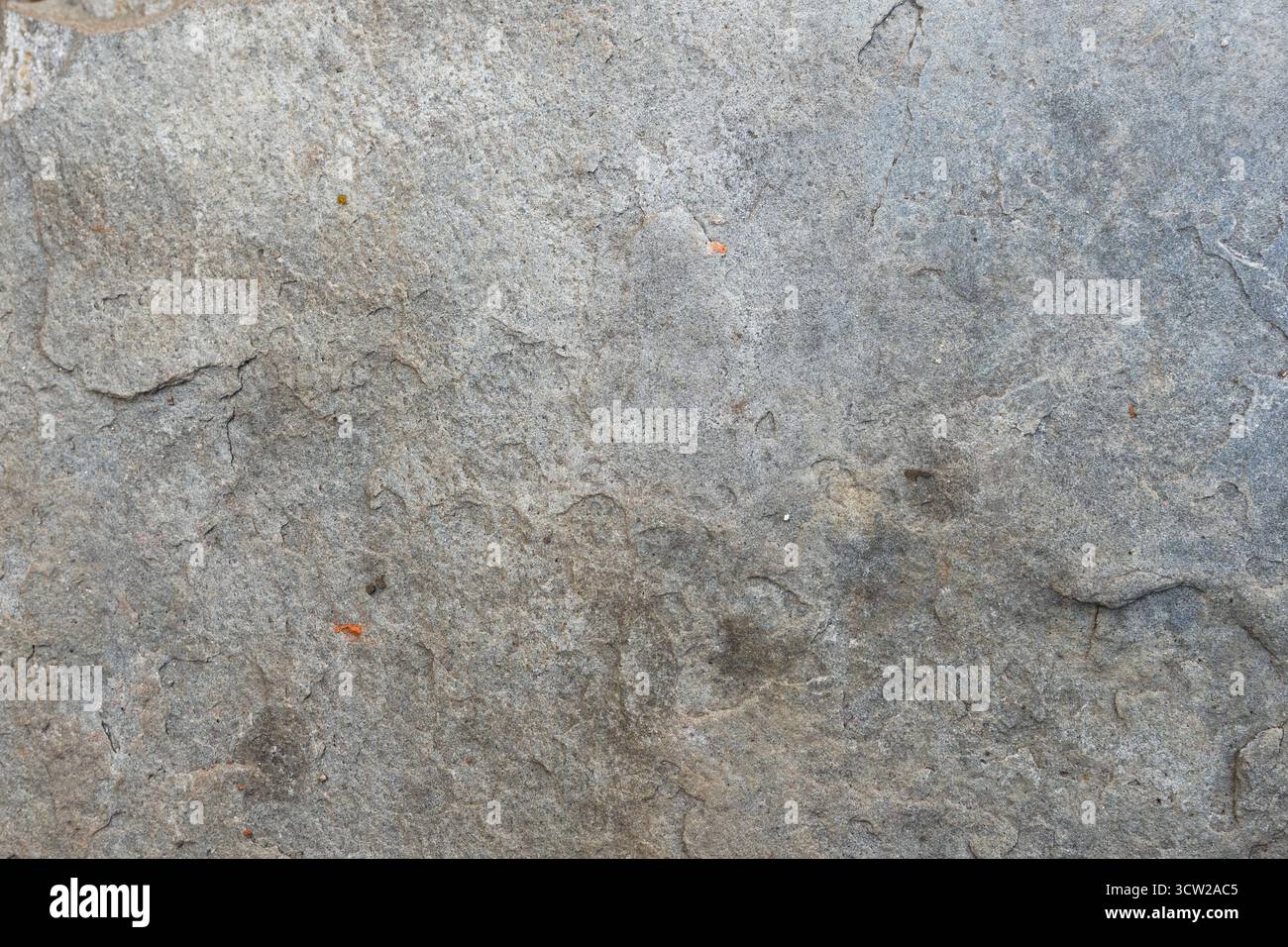 Gros plan d'une surface rugueuse de pierre grise altérée avec des fissures, des imperfections naturelles et de subtiles taches brun rougeâtre Banque D'Images