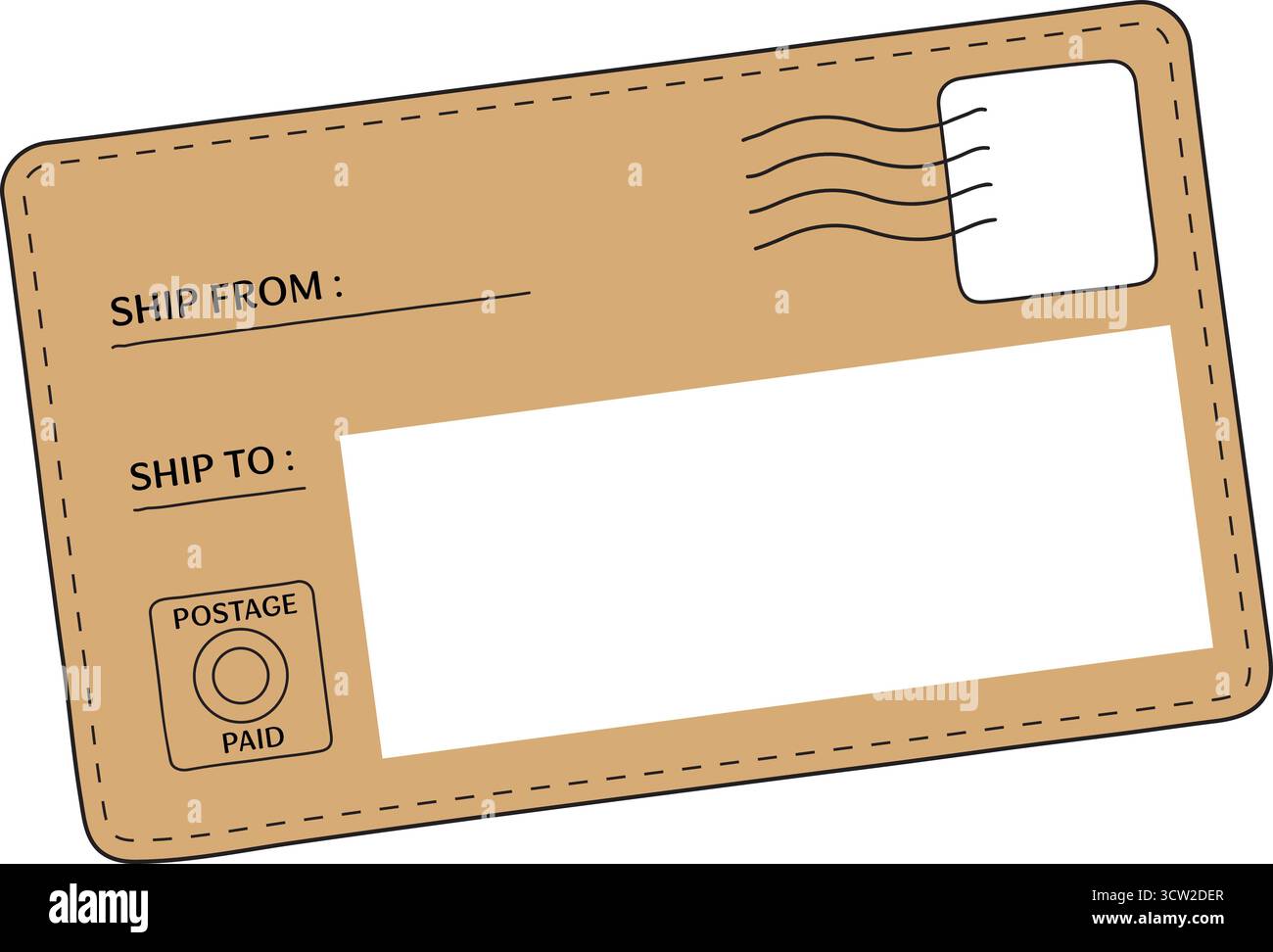 Une enveloppe de style kraft montre les boîtes EXPÉDIÉES et EXPÉDIÉES avec un timbre imprimé et un faux code-barres pour les graphiques de colis Illustration de Vecteur