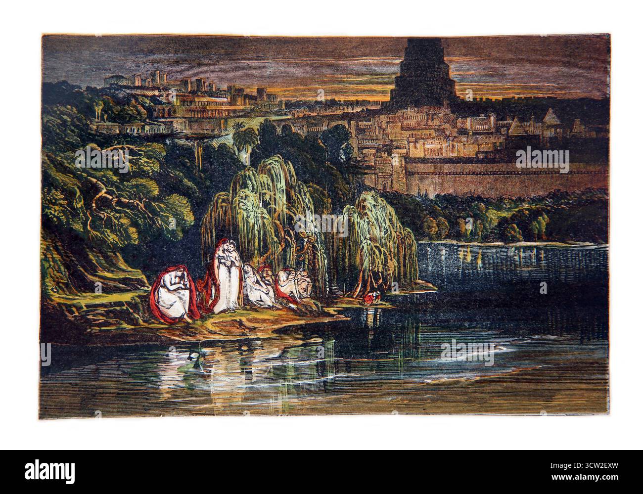 Illustration de captifs près de la rivière de Babylone où ils se sont assommés et ont pleuré quand ils se sont souvenus de Sion (Jérémie) du 19ème siècle dimanche pictural Banque D'Images