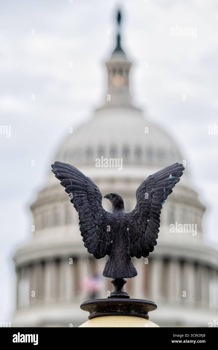Ulysses S Grant Memorial Eagle Light Topper US Capitol Washington DC // WASHINGTON DC — Un topper en bronze Eagle Light est en vedette au Ulysses S Grant Memorial. Ce mémorial, dédié en 1922, honore le 18e président des États-Unis et commandant général de l'armée de l'Union pendant la guerre de Sécession. Le mémorial est situé à la base du Capitole, sur le front ouest du Capitole des États-Unis, surplombant le National Mall. En arrière-plan, le dôme emblématique du Capitole des États-Unis est clairement visible. Cet important point de repère est un élément clé du noyau monumental de Washington DC. Banque D'Images