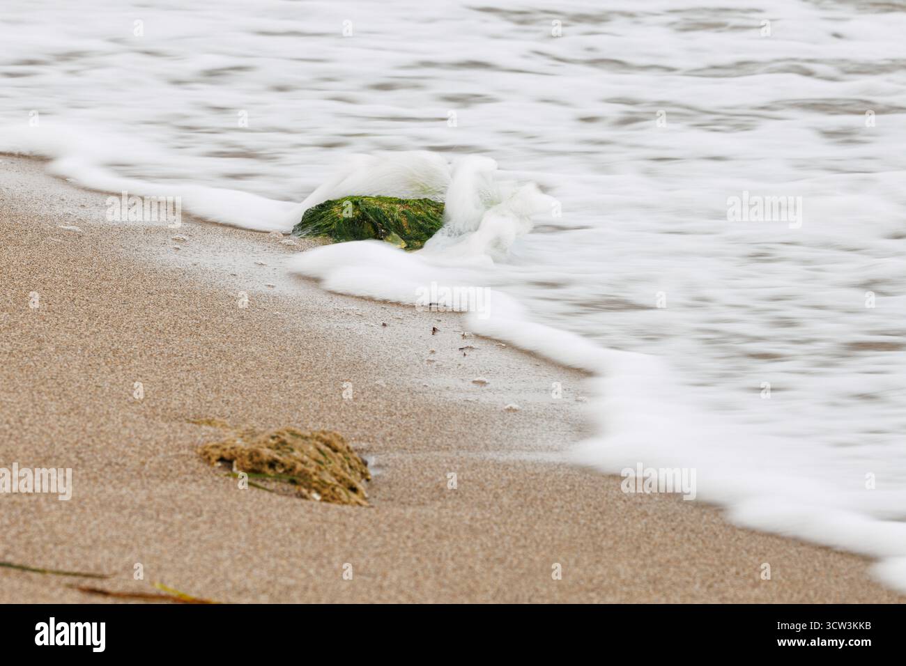 Plage avec des rochers couverts d'algues et flou de mouvement dans l'eau véhiculant le dynamisme, Alicante, Espagne Banque D'Images