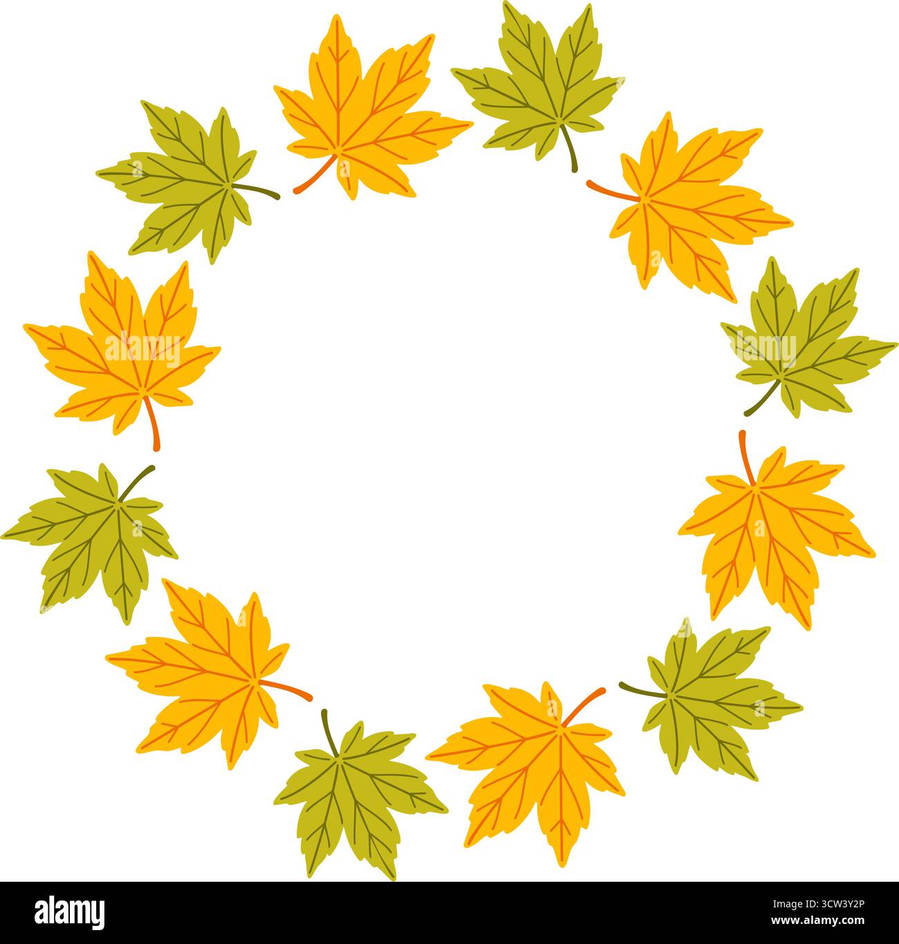 Cadre circulaire simple jaune et vert en forme de feuille d'érable. Style plat tendance isolé sur fond transparent. cadre rond de feuilles d'automne. anneau de feuilles d'automne. Idéal pour poster, carte postale. Illustration vectorielle Illustration de Vecteur