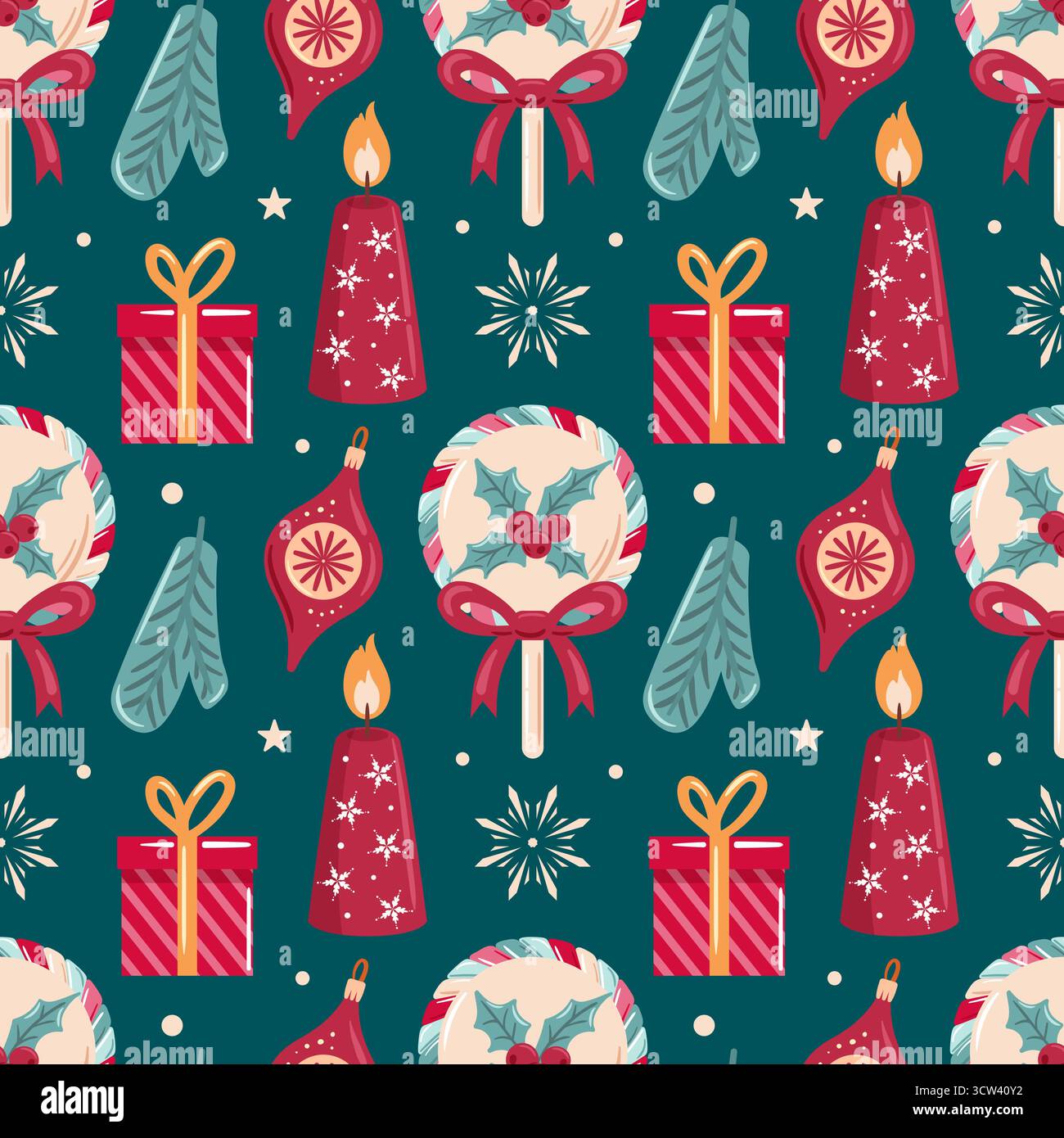 Modèle sans couture présentant des bougies, des cadeaux de Noël et des ornements d'arbre. Ce design charmant capture l'essence de l'esprit de vacances, ce qui le rend idéal Illustration de Vecteur