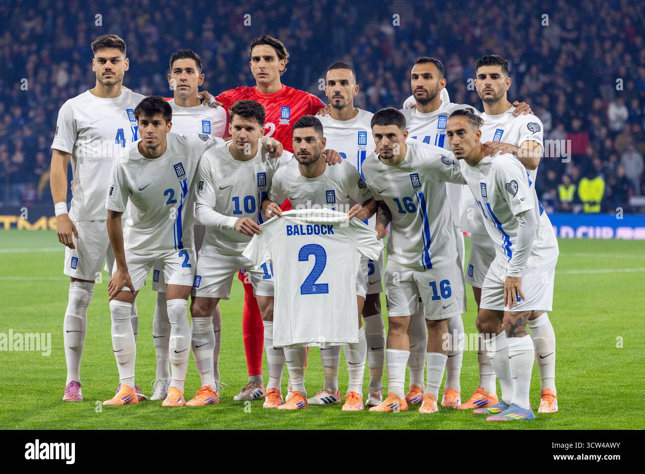 Glasgow, Royaume-Uni. 09 octobre 2025. L'Écosse a joué la Grèce dans la qualification européenne de la Coupe du monde à Hampden Park, Glasgow, Écosse, Royaume-Uni. Hampden Park est le stade de l'équipe nationale écossaise de football. Le score final était Ecosse 3 - 1 Grèce. Grèce débutant l'équipe avant le début du match. Crédit : Findlay/Alamy Live News Banque D'Images