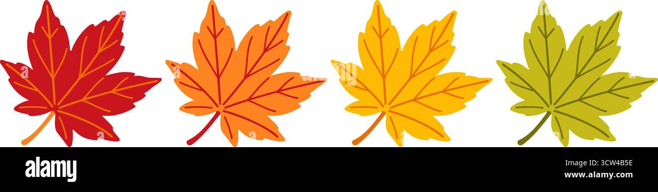 Ensemble de feuilles d'érable d'automne. Feuille d'automne jaune, rouge, vert orange. Style plat tendance dessiné à la main isolé sur fond transparent. Pour motif, bannière, autocollant, carte Hello automne. Illustration vectorielle Illustration de Vecteur