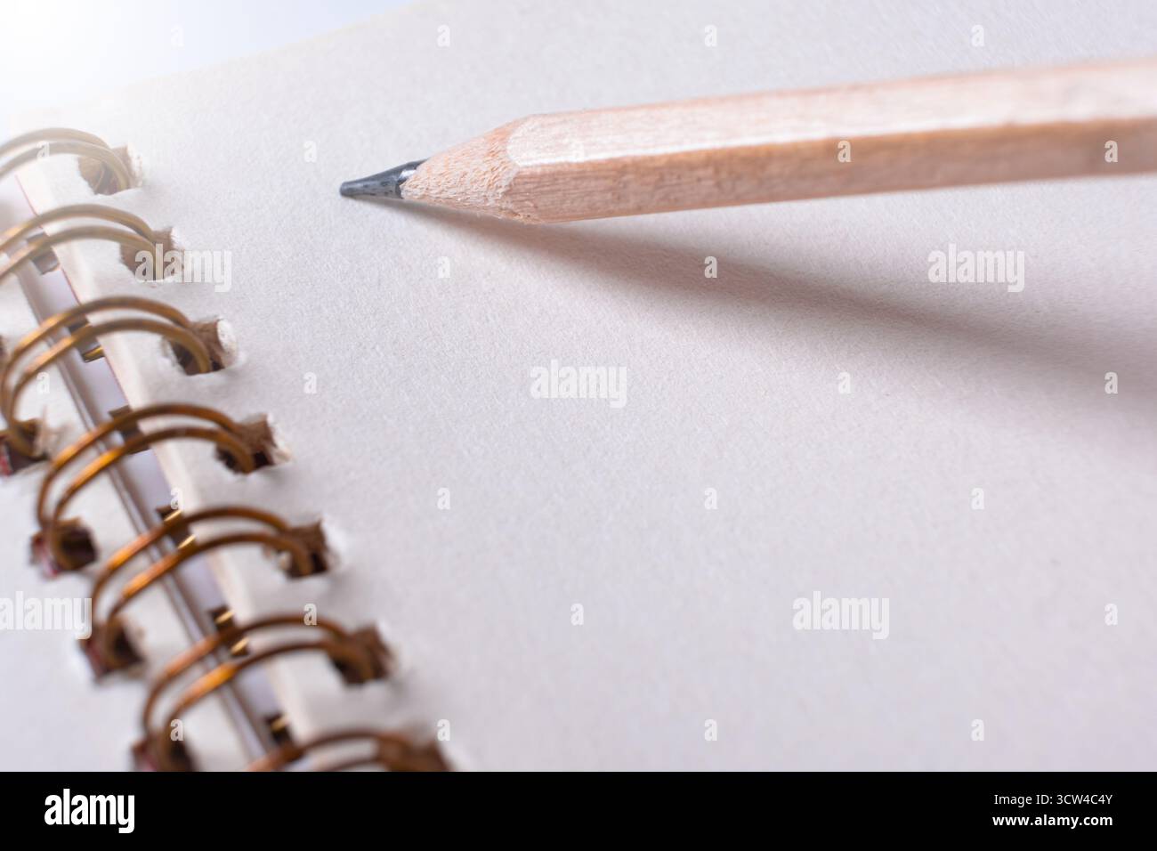 Gros plan des mains écrivant sur le bloc-notes en spirale. Main avec un crayon en bois se préparant à écrire sur un cahier vierge Banque D'Images