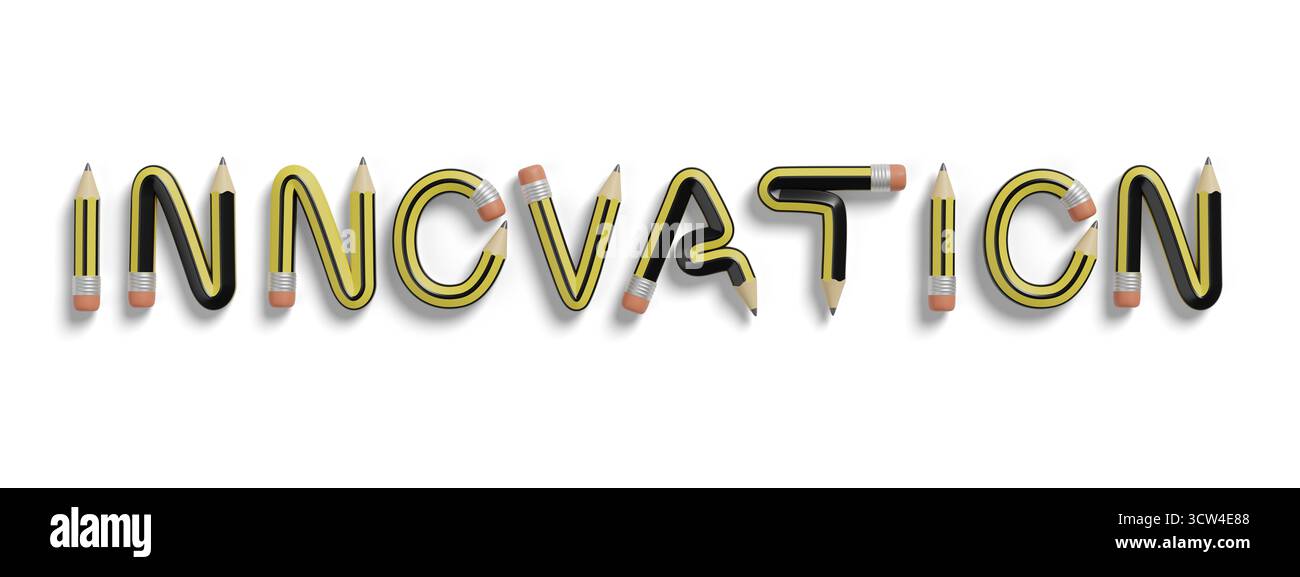 Le mot 'innovation' écrit avec des crayons isolés sur fond blanc. Illustration 3D. Banque D'Images