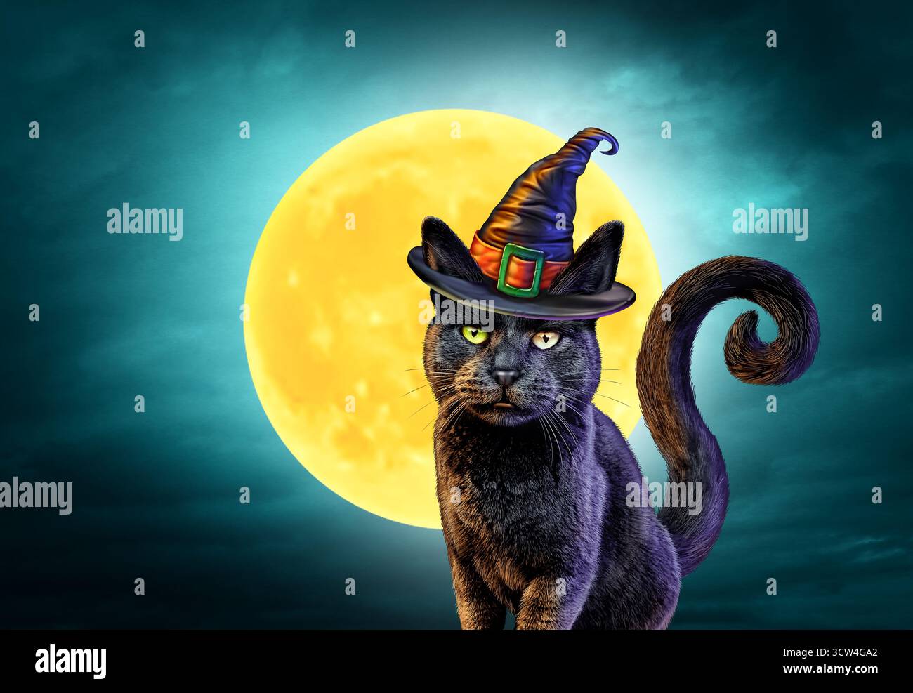 Halloween sorcière Black Cat et Autumn Yellow Moon en tant que félin Spooky sur un fond de nuit avec une atmosphère nocturne étrange et éclatante. Banque D'Images