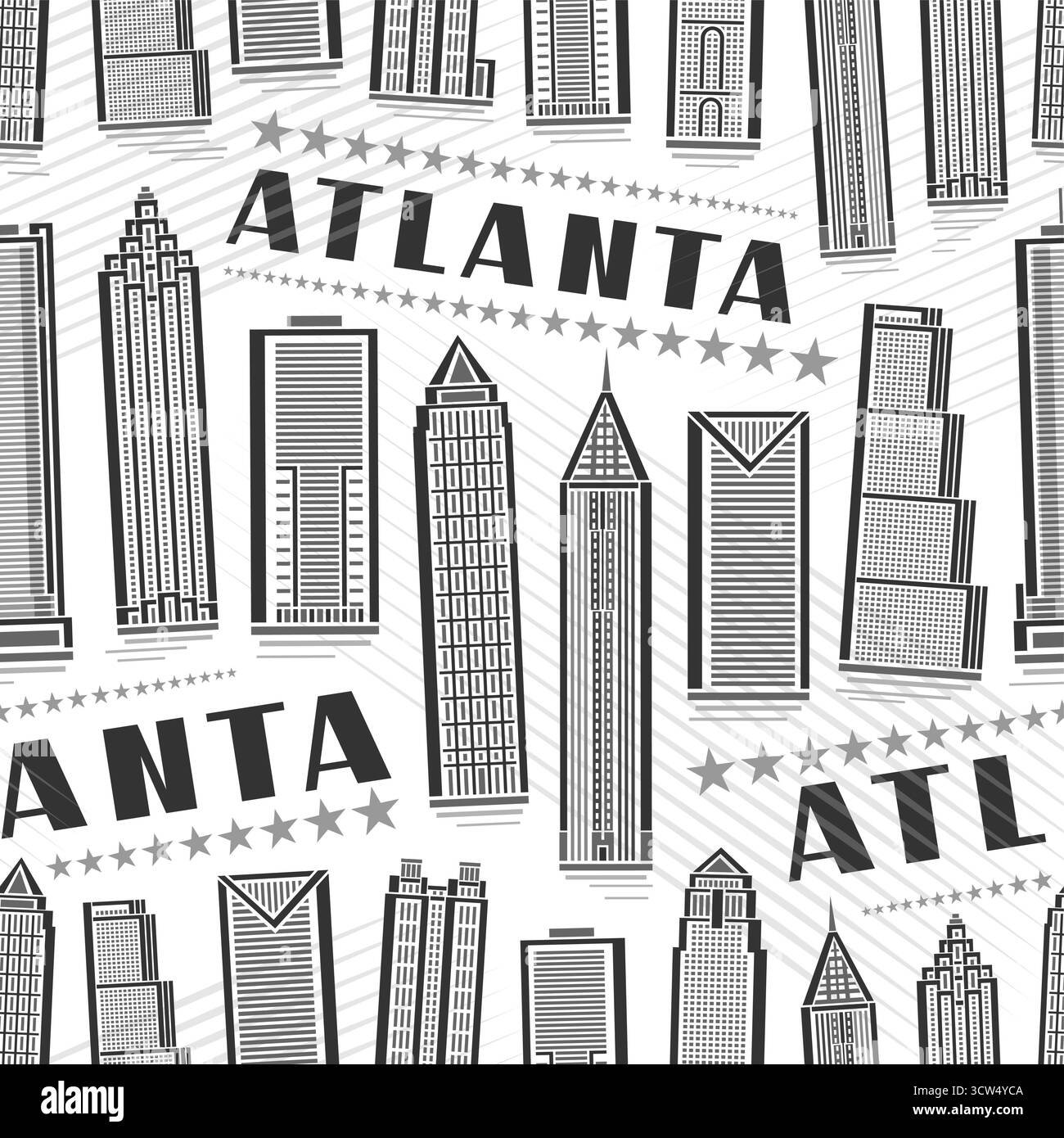 Vector Atlanta Seamless Pattern, fond décoratif carré avec illustration de contour du paysage urbain d'atlanta sur fond blanc pour le linge de lit, monochr Illustration de Vecteur