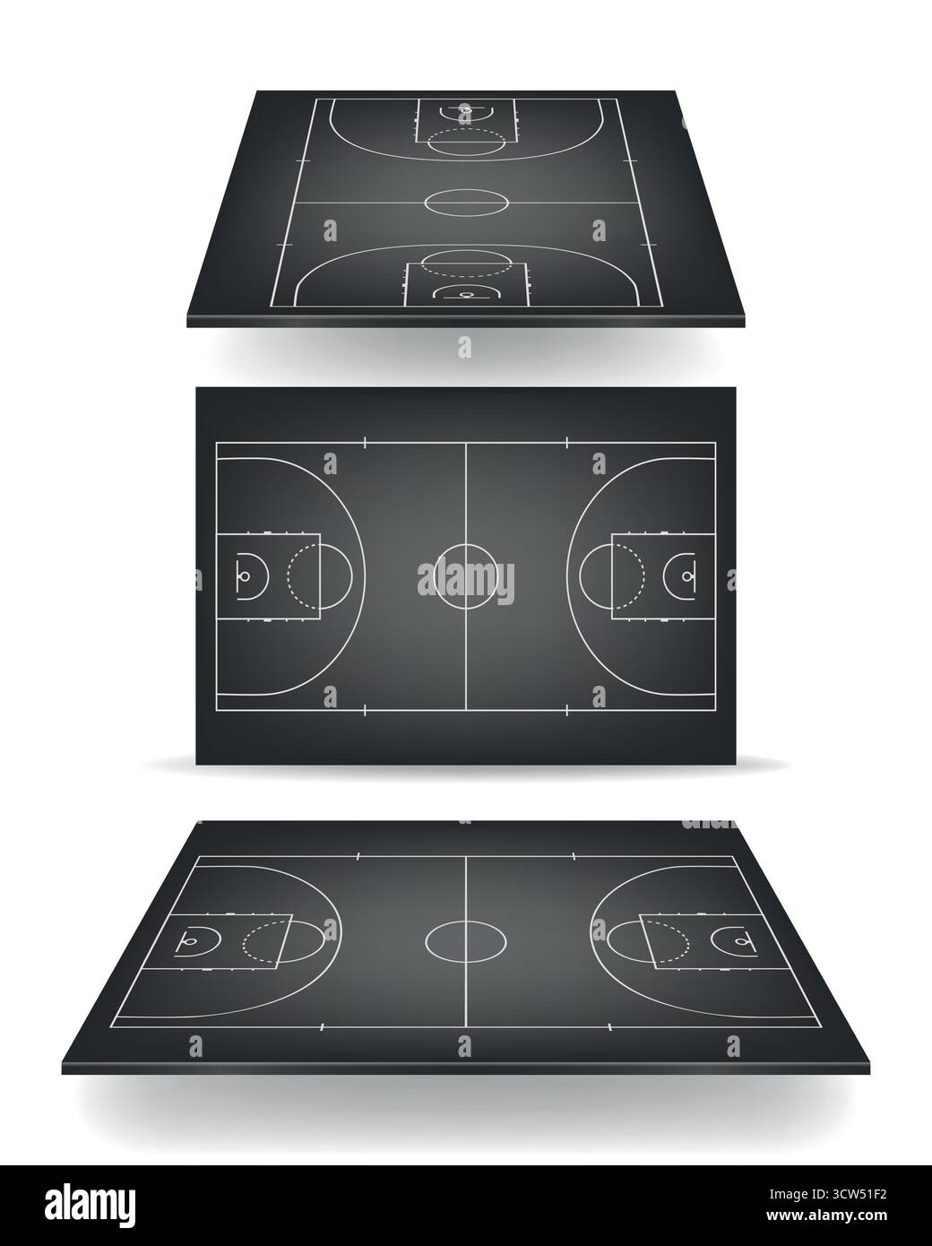 Ensemble terrain de basket-ball. Terrain de basket-ball intérieur noir, vue de dessus, isométrique et perspective. Fond de terrain de basket-ball pour la conception sportive, tactiques Illustration de Vecteur