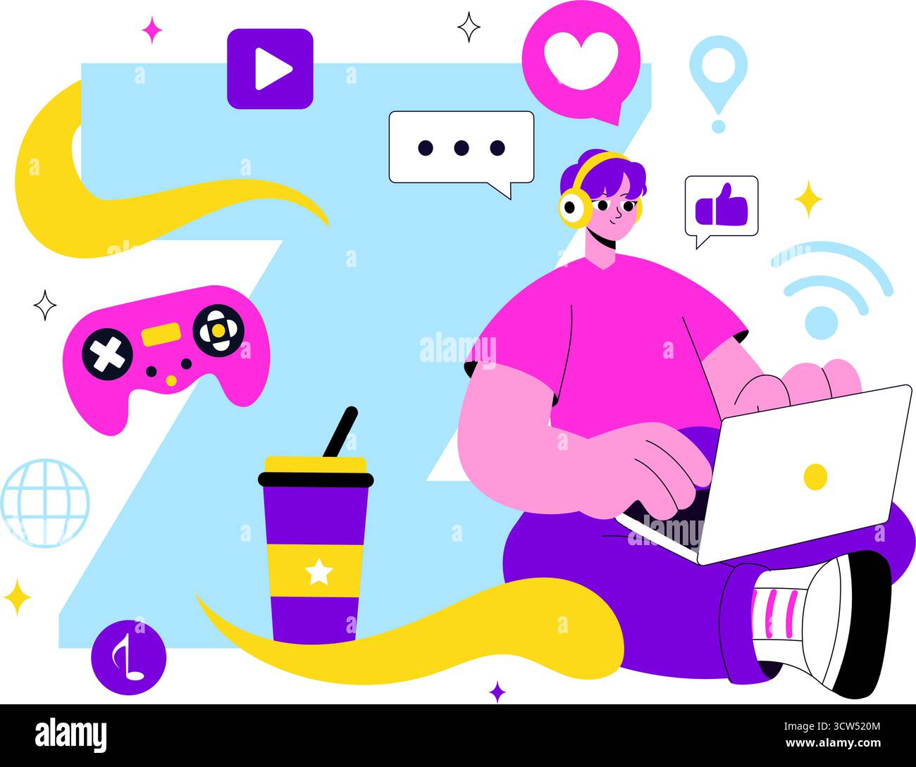 Illustration vectorielle de style de vie de génération Z mettant en vedette grandir avec Internet et la technologie numérique, les smartphones et les médias sociaux dans un fond de style plat Illustration de Vecteur