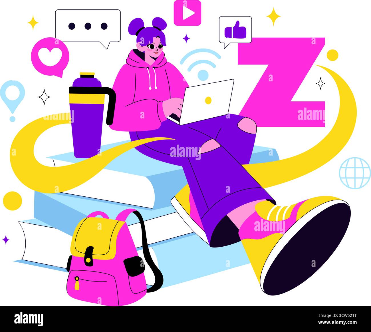 Illustration vectorielle de style de vie de génération Z mettant en vedette grandir avec Internet et la technologie numérique, les smartphones et les médias sociaux dans un fond de style plat Illustration de Vecteur