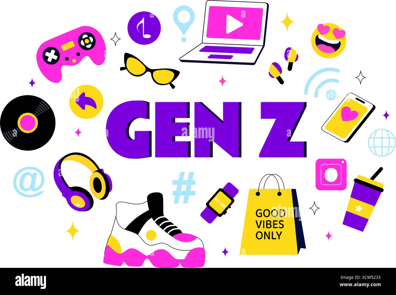 Illustration vectorielle de style de vie de génération Z mettant en vedette grandir avec Internet et la technologie numérique, les smartphones et les médias sociaux dans un fond de style plat Illustration de Vecteur