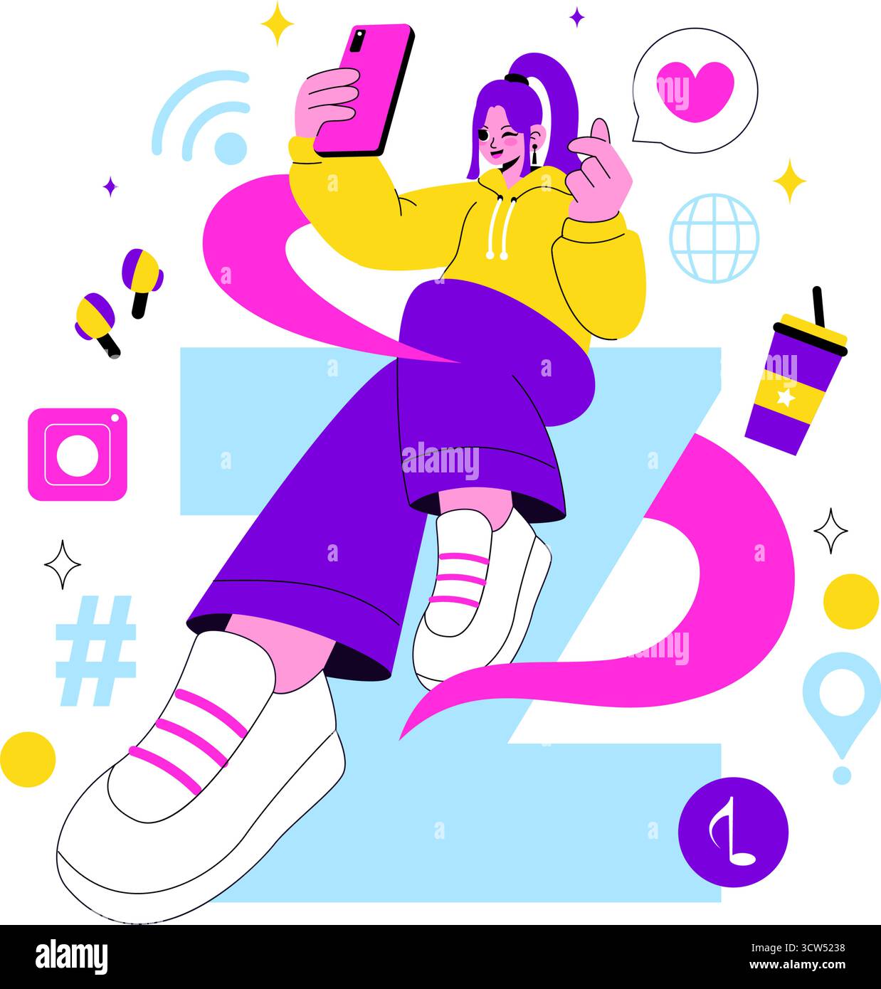 Illustration vectorielle de style de vie de génération Z mettant en vedette grandir avec Internet et la technologie numérique, les smartphones et les médias sociaux dans un fond de style plat Illustration de Vecteur