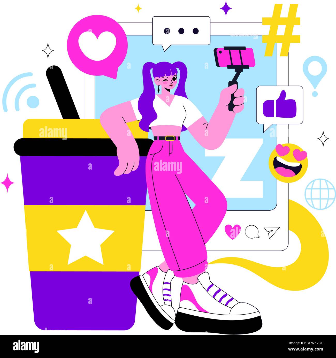 Illustration vectorielle de style de vie de génération Z mettant en vedette grandir avec Internet et la technologie numérique, les smartphones et les médias sociaux dans un fond de style plat Illustration de Vecteur
