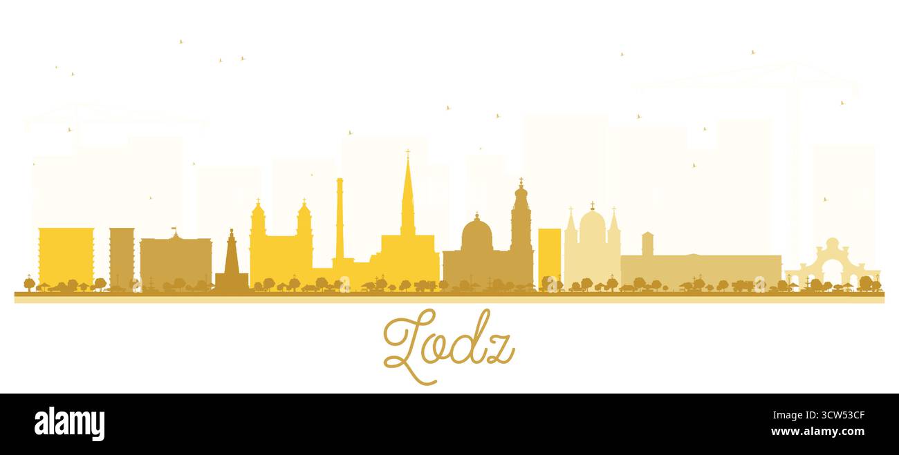 Silhouette de Lodz Poland City Skyline avec des bâtiments dorés isolés sur blanc. Illustration vectorielle. Paysage urbain de Lodz avec des points de repère. Illustration de Vecteur